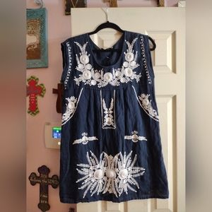 Bindi 100% Linen Navy Shift dress white Floral embroidery SMALL India